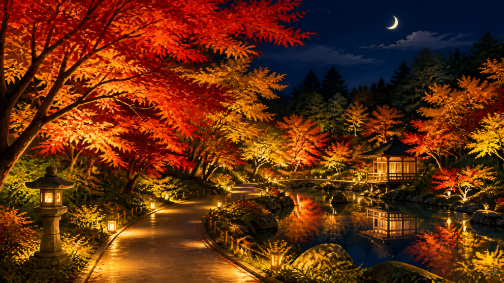 秋保ナイトミュージアムの夜の紅葉ライトアップを表現したAI生成の編集用イラスト