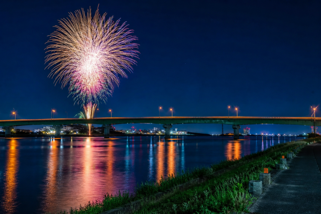利根川坂東大橋と花火の夜間旅行イメージ
