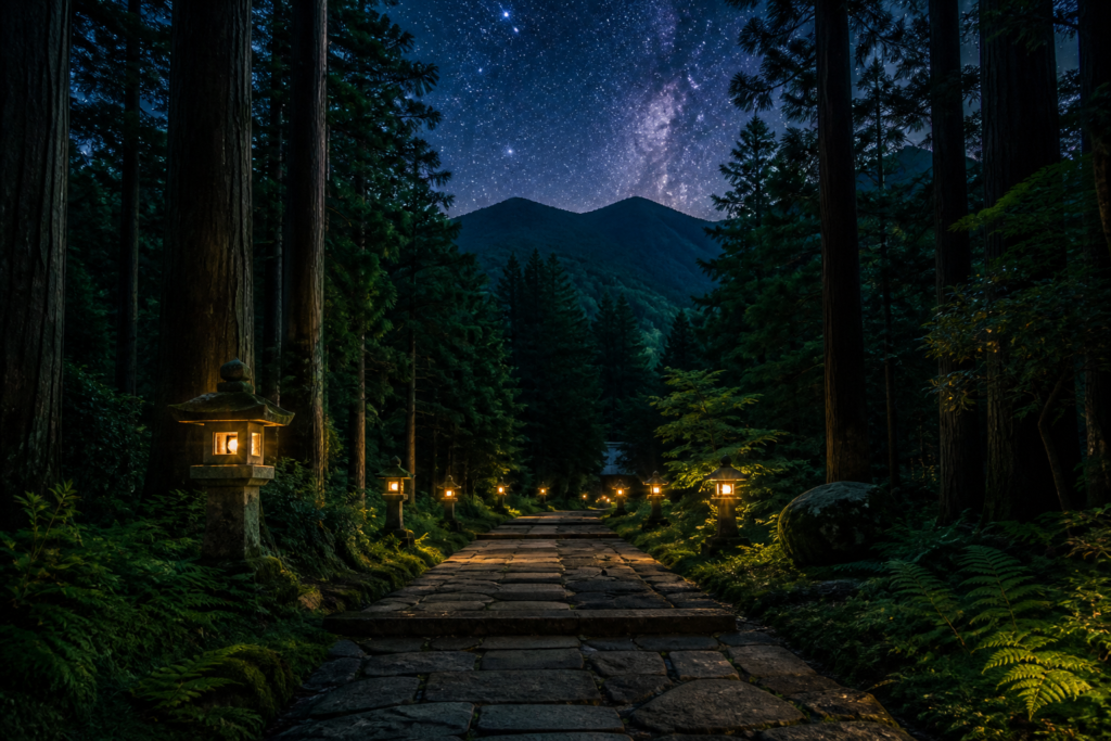羽黒山の杉並木と星空の夜間旅行イメージ