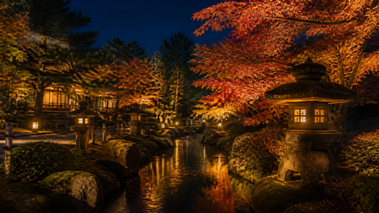 紅葉と石灯籠が照らされる京都の日本庭園を表現したAI生成イメージ
