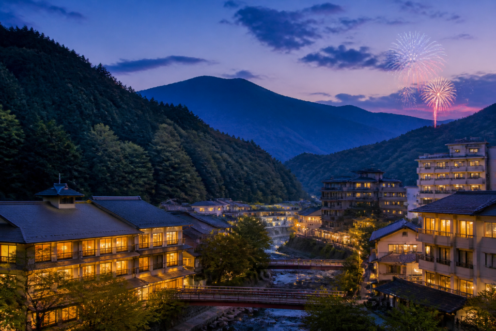 沼田・老神温泉の山あいと花火の旅行イメージ