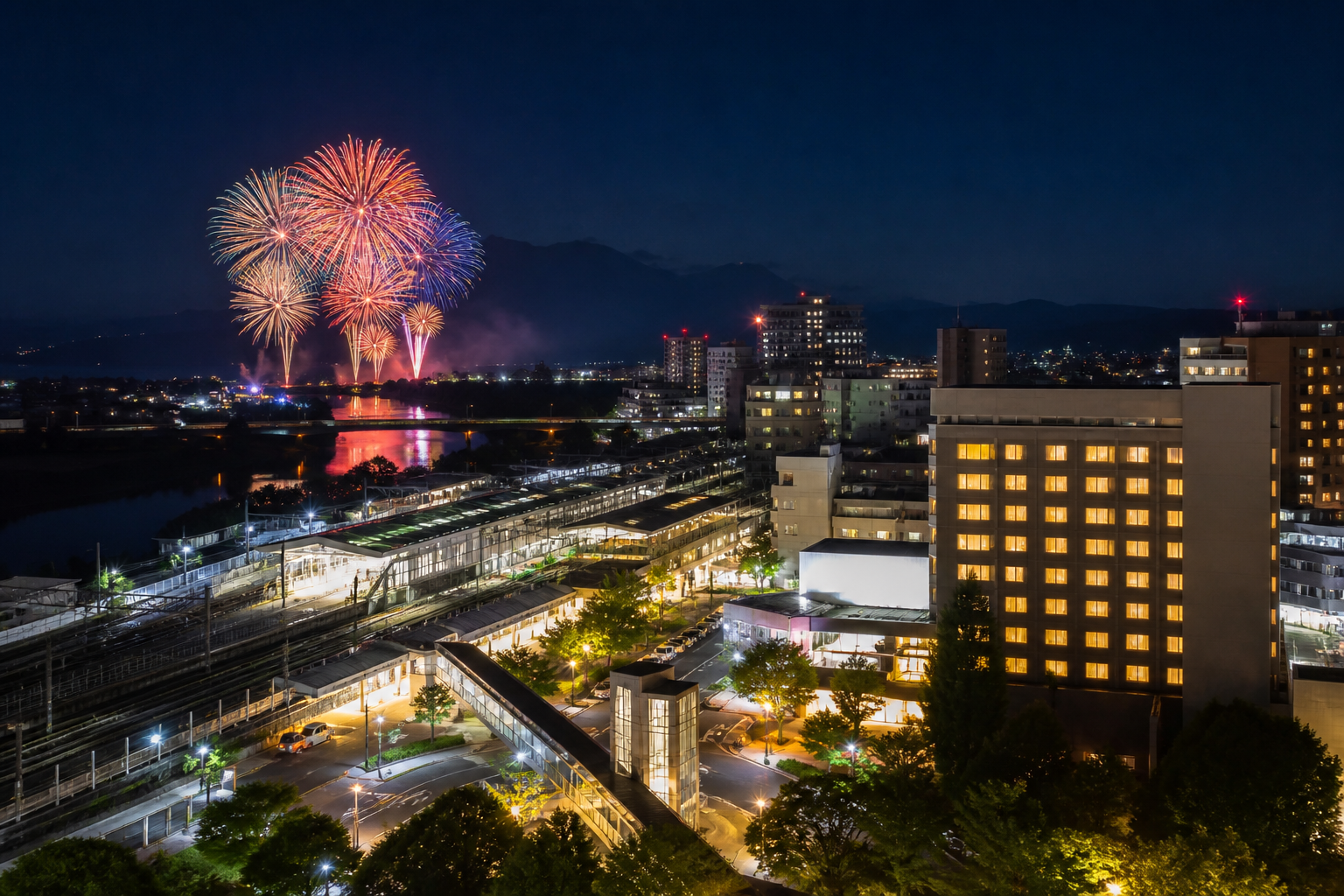 高崎駅周辺の夜景と花火の旅行イメージ