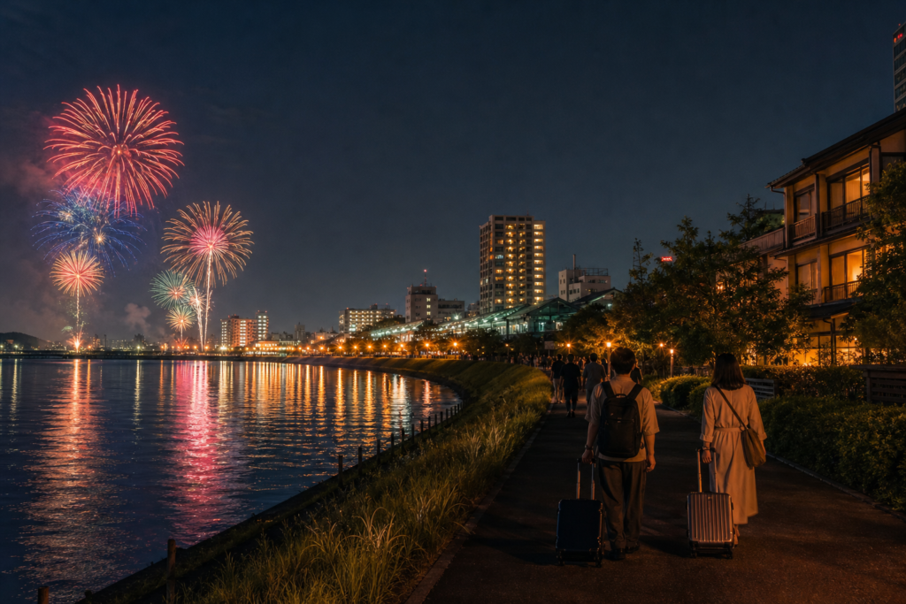 土浦の川辺と花火を望む夜の旅行イメージ