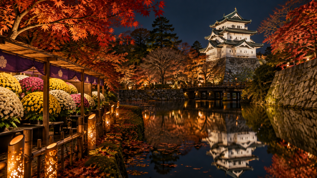 弘前公園の紅葉と菊を照らす秋のライトアップ