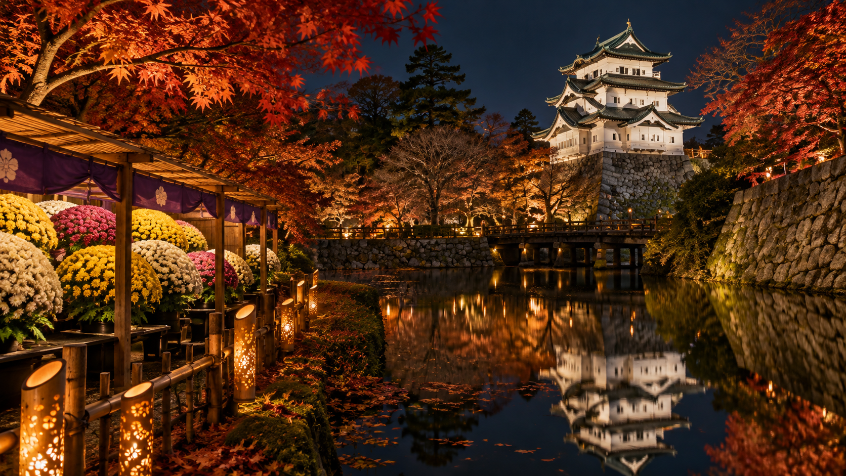 弘前公園の紅葉と菊を照らす秋のライトアップ