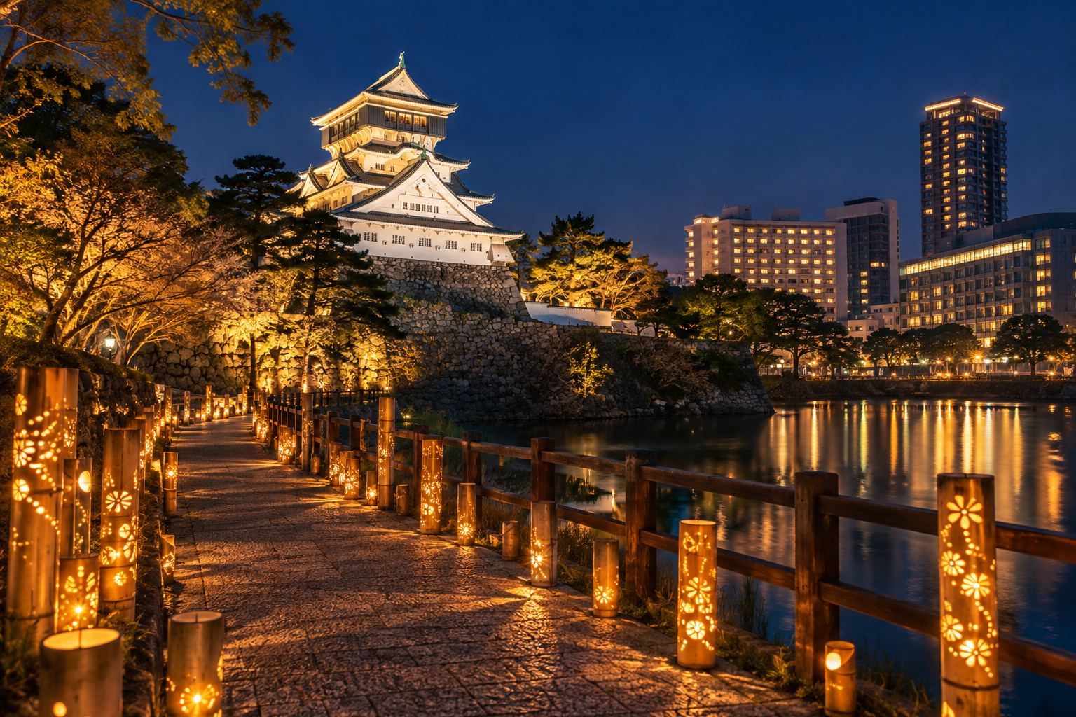 小倉城竹あかりと周辺ホテルの夜景