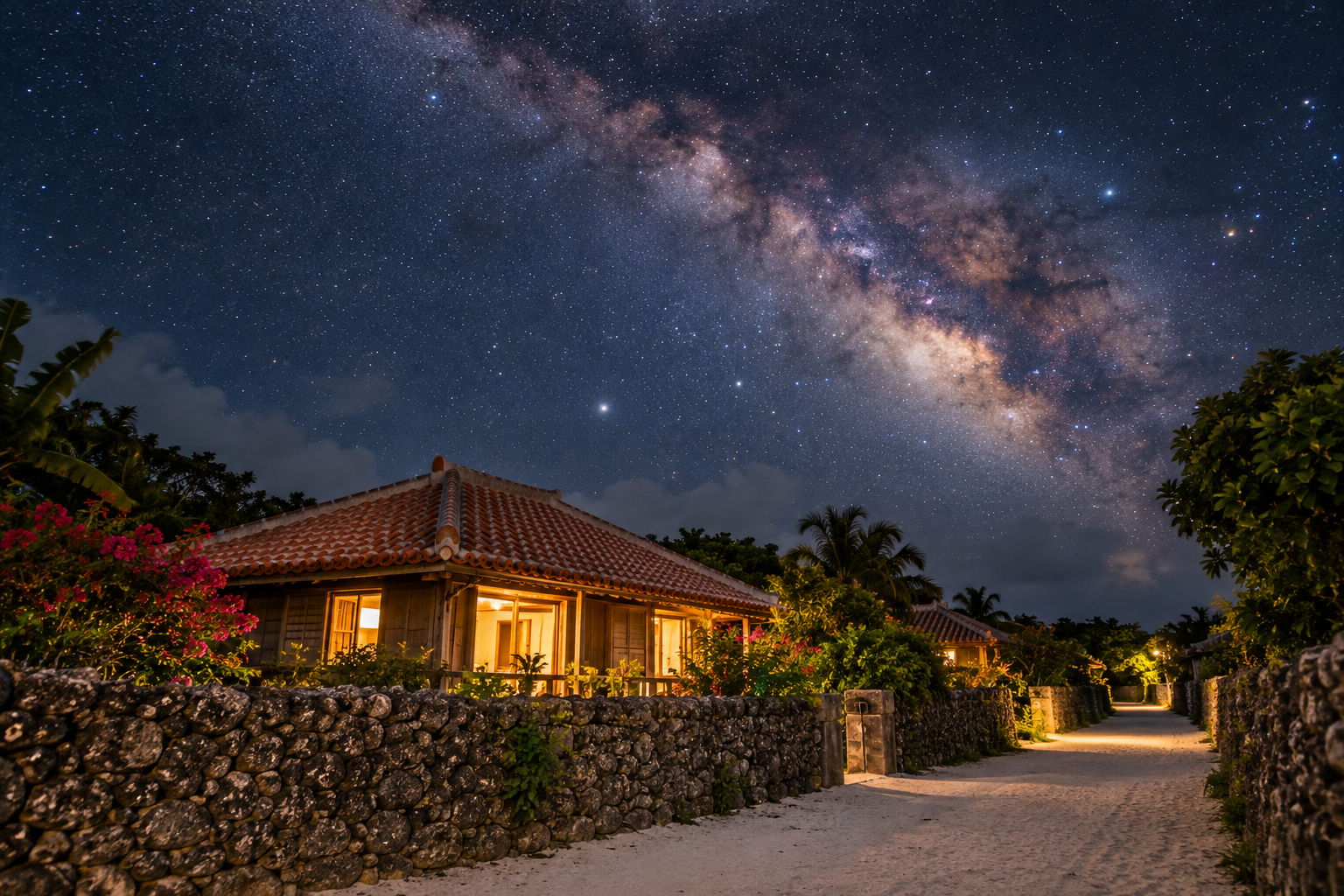 星空の下に建つ竹富島の宿