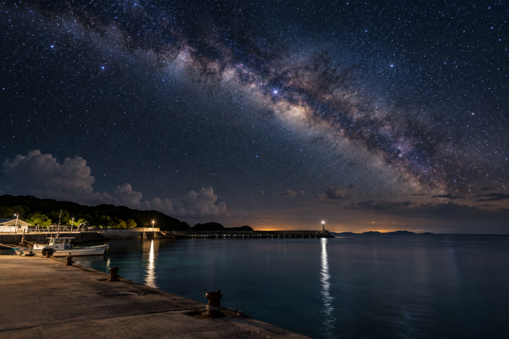鳩間島の港から見る満天の星空