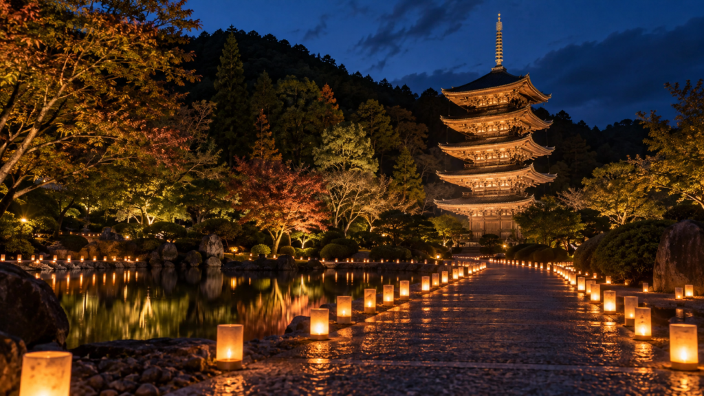 山口ゆらめき回廊のキャンドルと瑠璃光寺五重塔