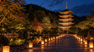 山口ゆらめき回廊のキャンドルと瑠璃光寺五重塔