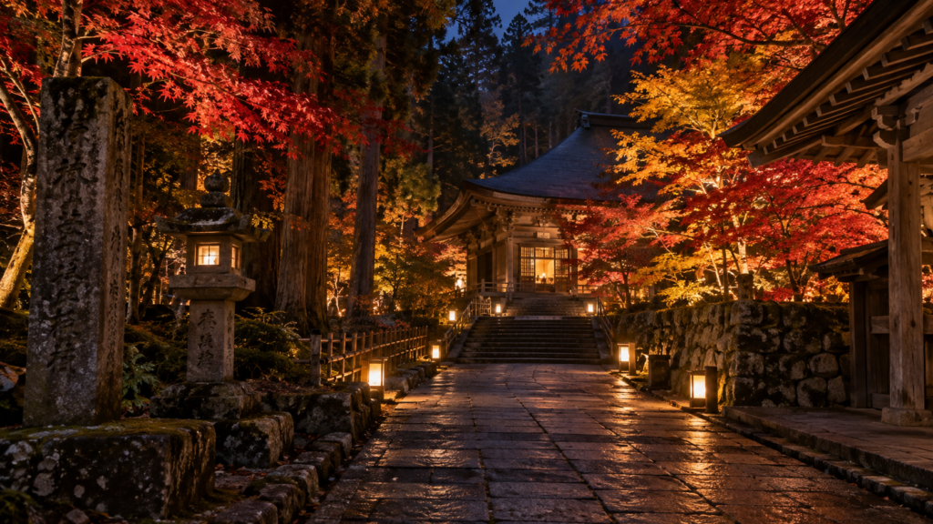 中尊寺の参道を彩る秋の紅葉ライトアップ