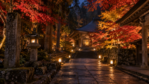 中尊寺の参道を彩る秋の紅葉ライトアップ