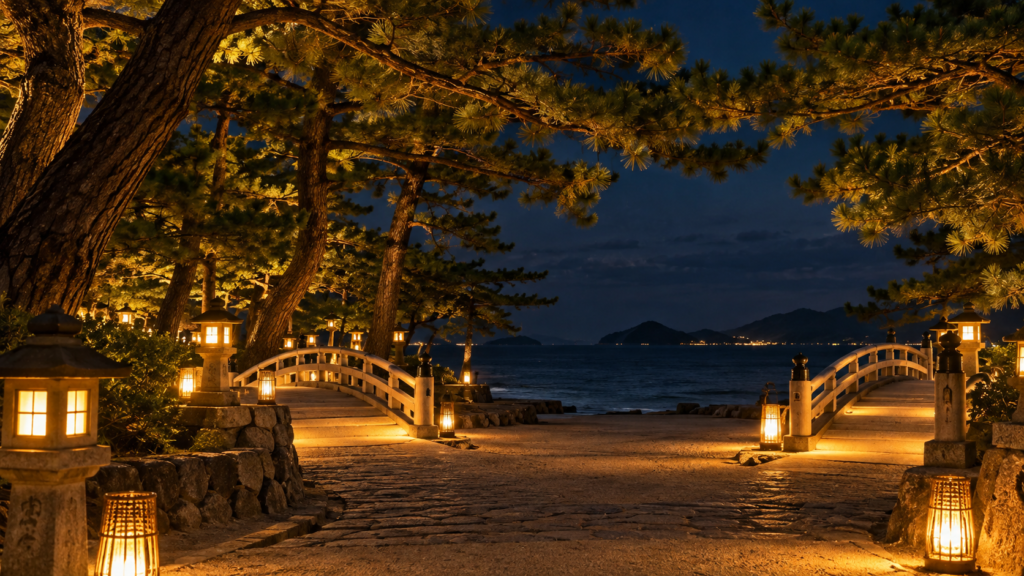 津田の松原と海辺を照らす夜のライトアップ