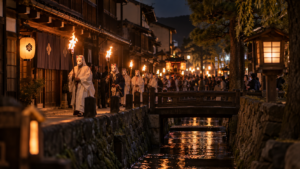 飛騨古川の町を進む狐面と松明の夜祭り