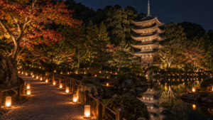 キャンドルに照らされる瑠璃光寺五重塔