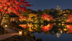 岡山後楽園の池に映る秋の紅葉ライトアップ
