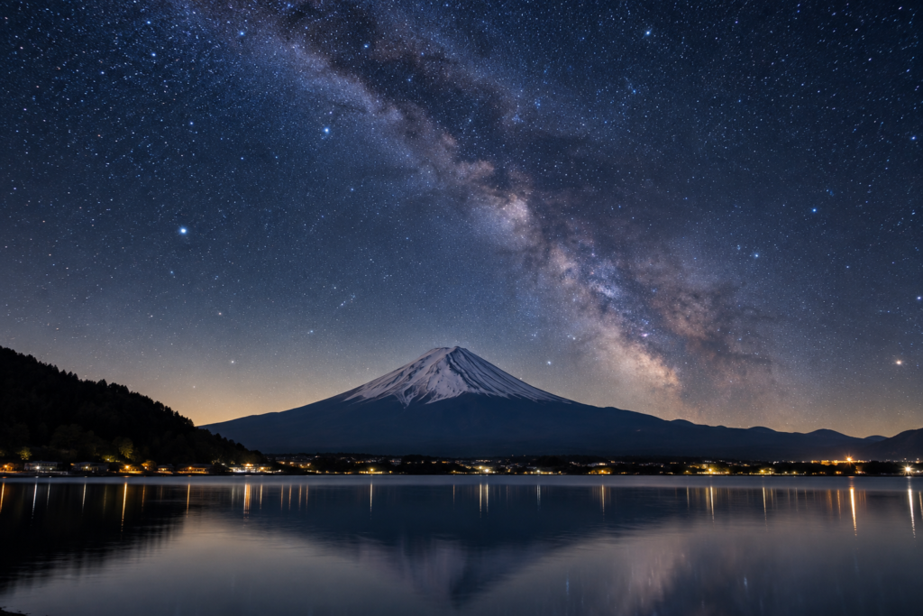 富士山と湖を包む山梨の星空