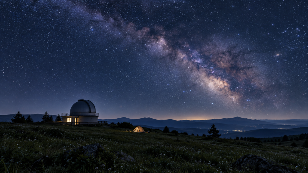 岩手県の高原と天文台から望む満天の星空