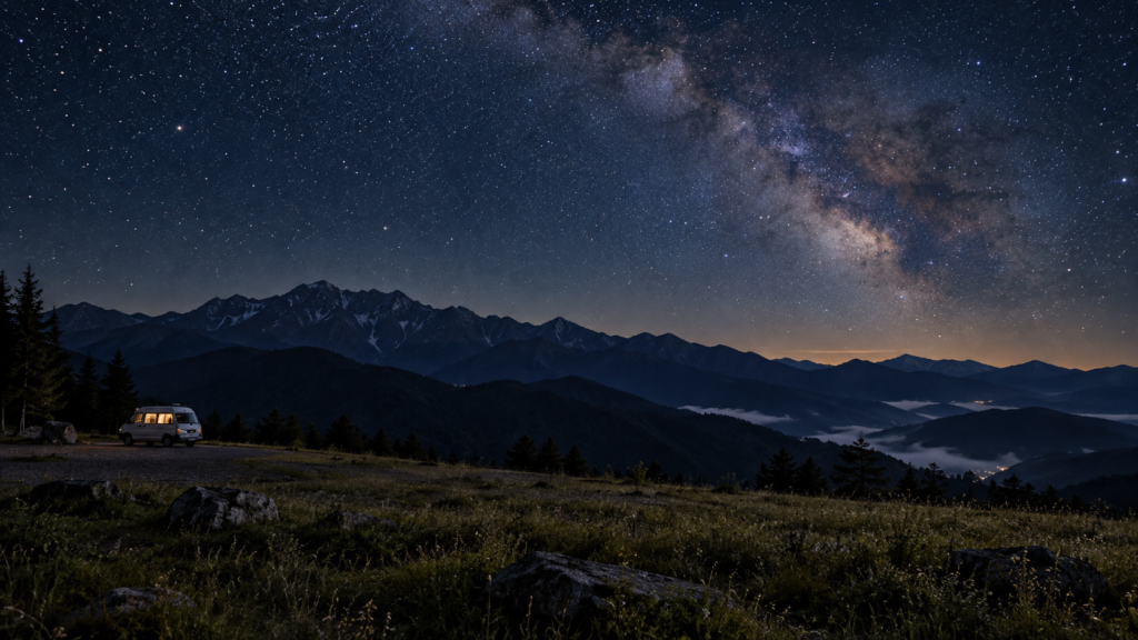 キビオ峠の山並みと満天の星空