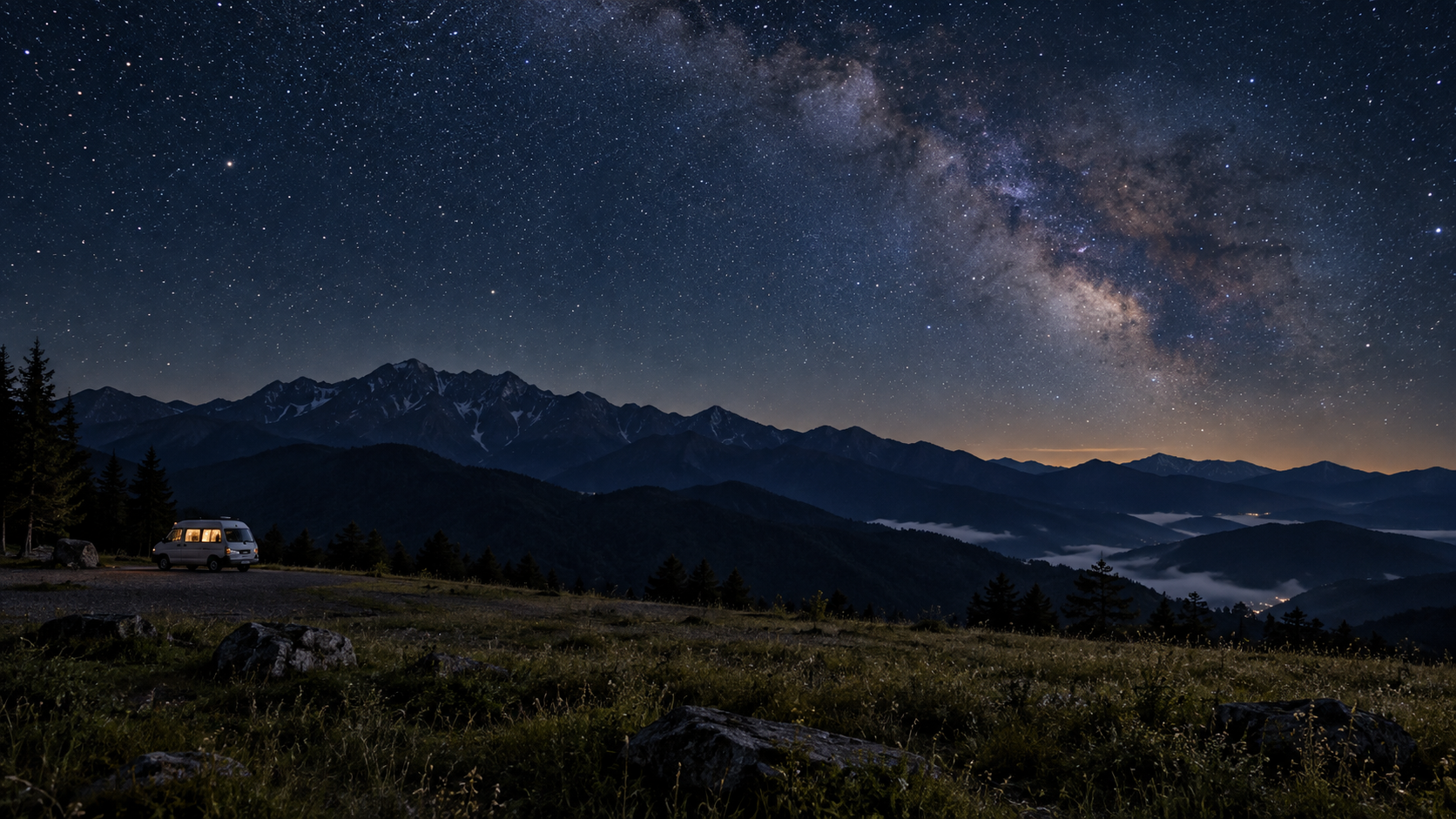 キビオ峠の山並みと満天の星空