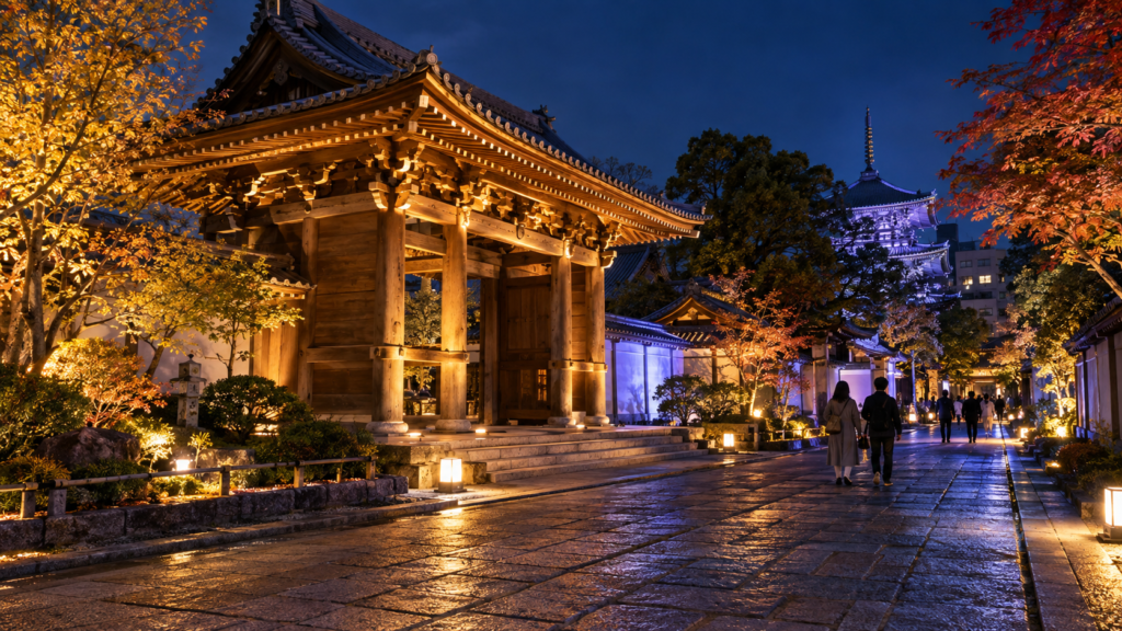 博多旧市街の寺社と石畳を彩る夜のライトアップ