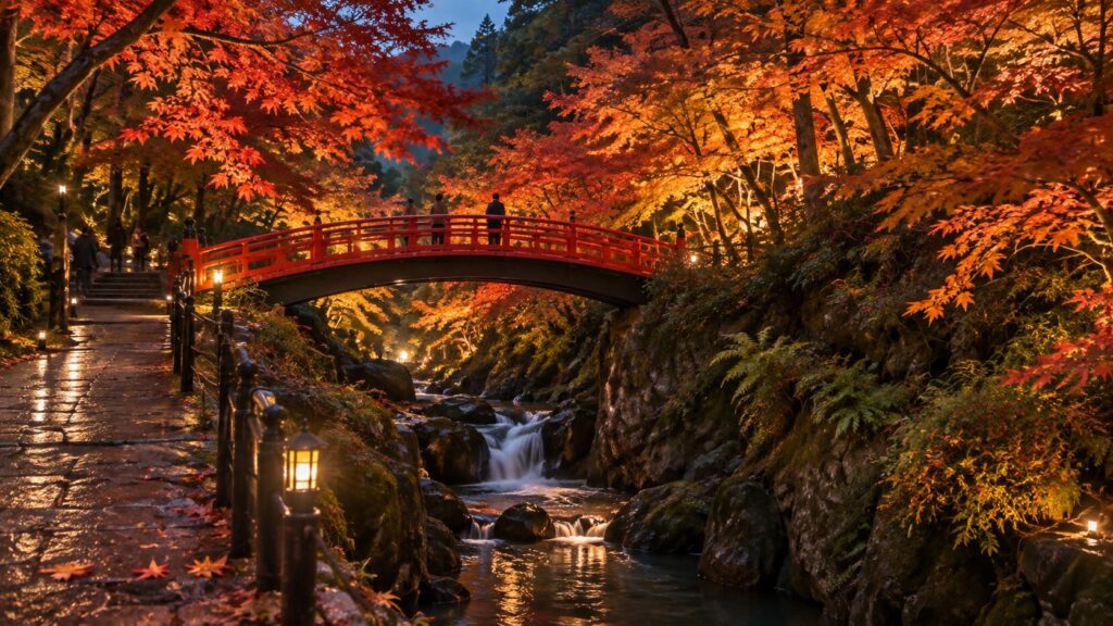 弥彦公園もみじ谷でライトアップされた紅葉と朱色の橋