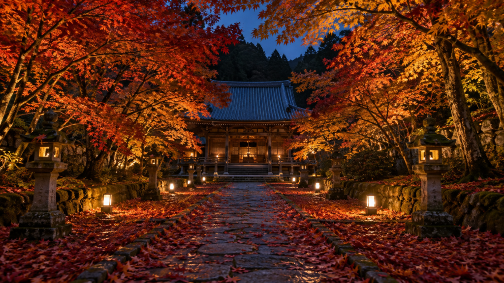 滋賀県湖南市・長寿寺の紅葉ライトアップをイメージした参道と本堂
