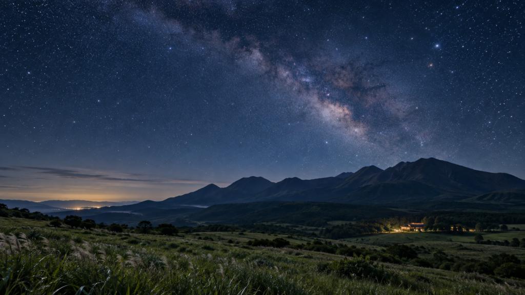 大分県・久住高原の山並みと天の川が広がる星空