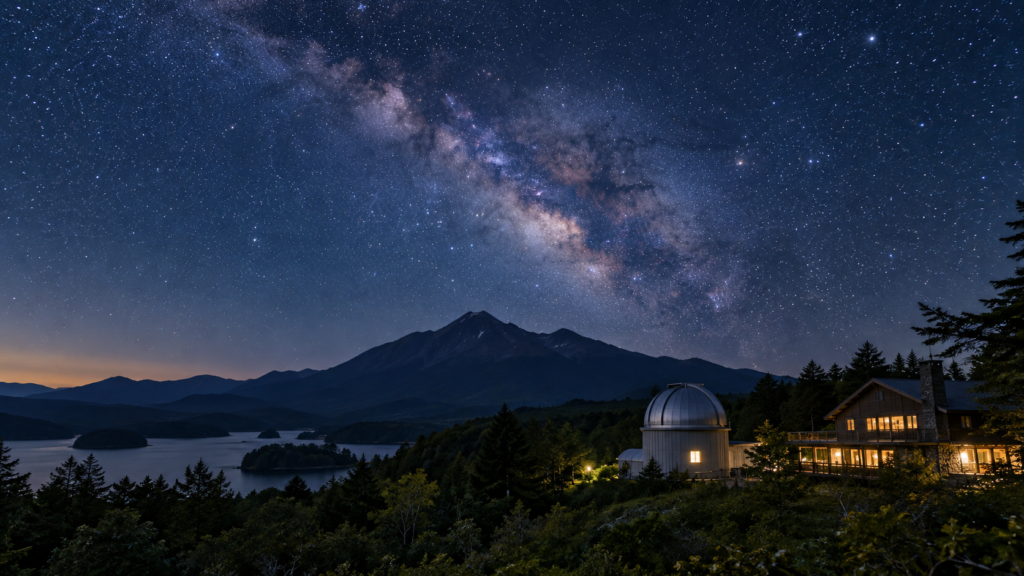 裏磐梯の磐梯山と天文台を包む天の川をイメージした星空