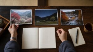花桃・夏の星空・紅葉温泉街の写真から阿智村旅行の季節を選ぶAI生成イメージ