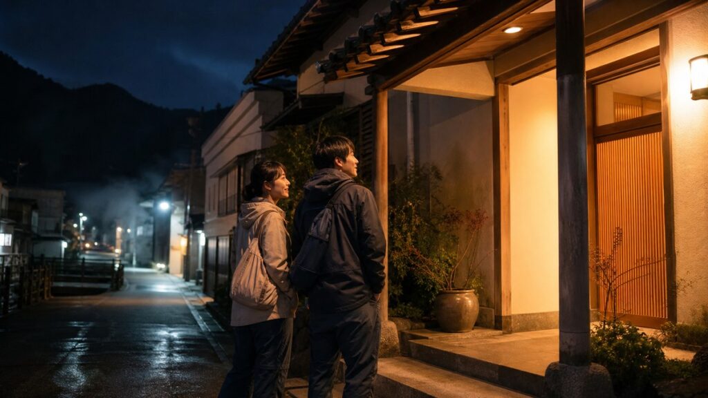 昼神温泉の旅館へ星空観賞後に戻るカップルを表現したイメージ画像