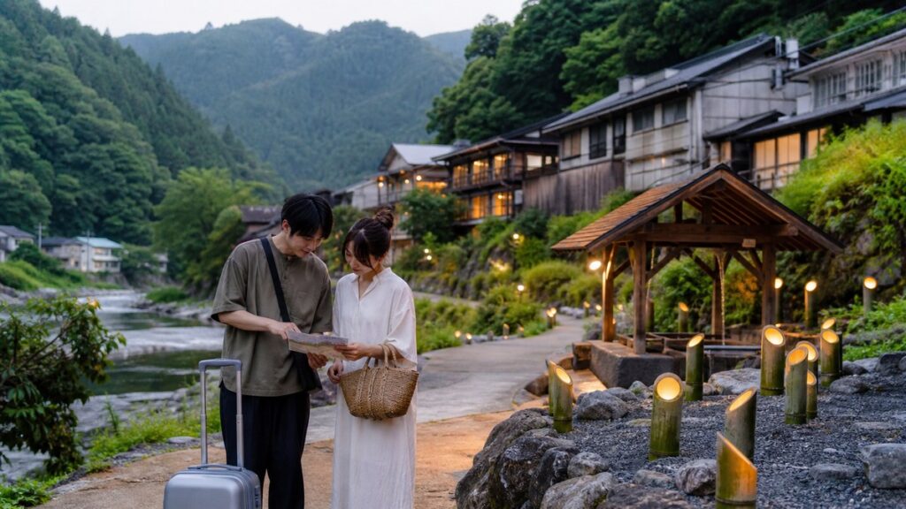 夏の昼神温泉へ到着し竹あかりの散策を始める旅行者を表現したイメージ画像