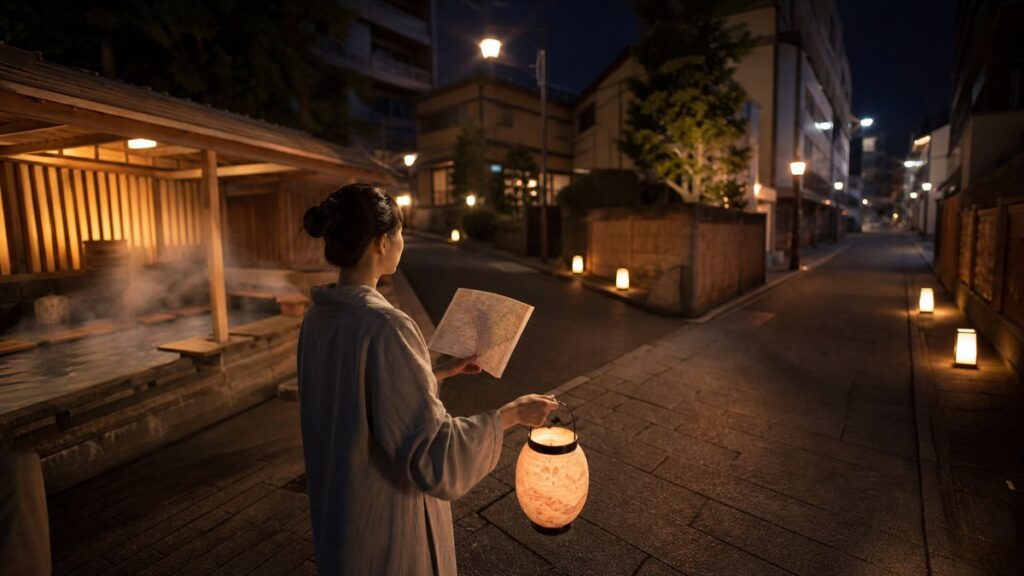 あわら温泉街で手持ち提灯と地図を手に三薬師巡りへ出る旅行者を表現したAI生成イメージ
