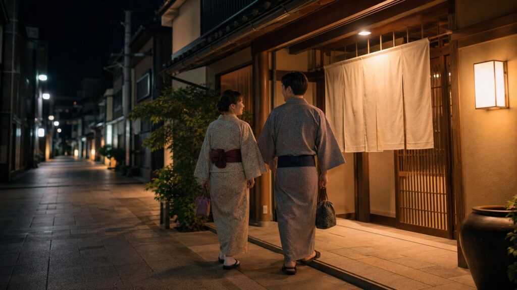 あわら温泉の夜散策を終えて和風旅館へ戻る旅行者を表現したイメージ画像