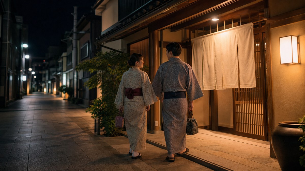 あわら温泉の夜散策を終えて和風旅館へ戻る旅行者を表現したイメージ画像