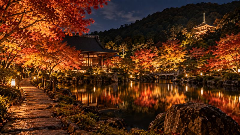 永観堂の紅葉ライトアップをイメージした夜の寺院と池