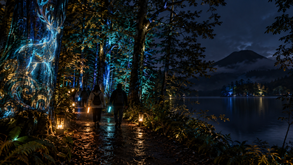 阿寒湖の夜の森を光る杖で歩くカムイルミナのイメージ