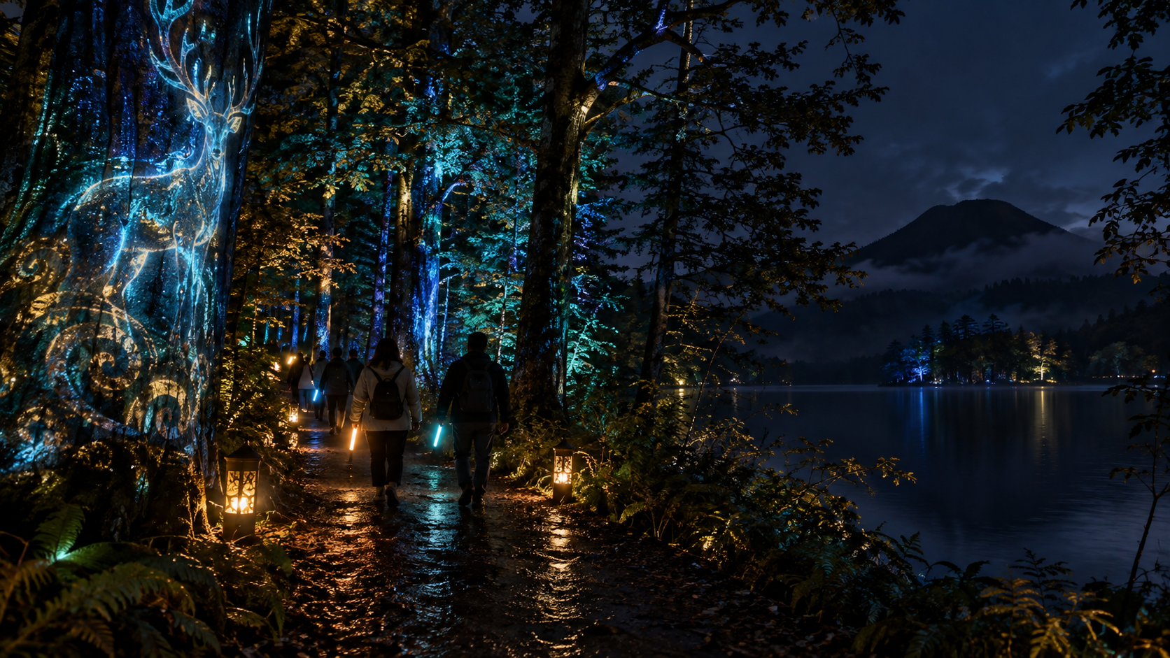 阿寒湖の夜の森を光る杖で歩くカムイルミナのイメージ