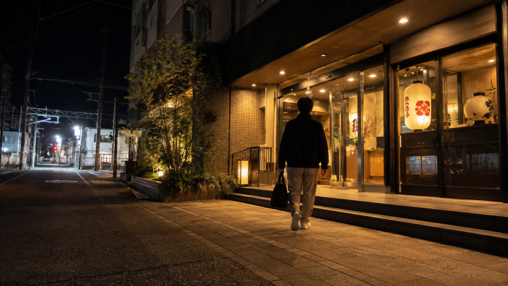 近江八幡駅周辺のホテルへ夜に到着する旅行者