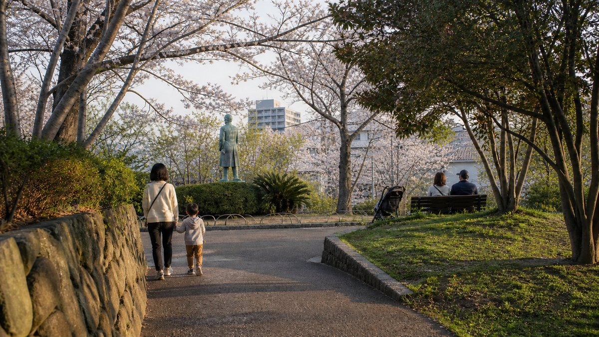掃部山公園の園路・桜・井伊直弼像を自然な春景色で表現したAI生成の編集用画像