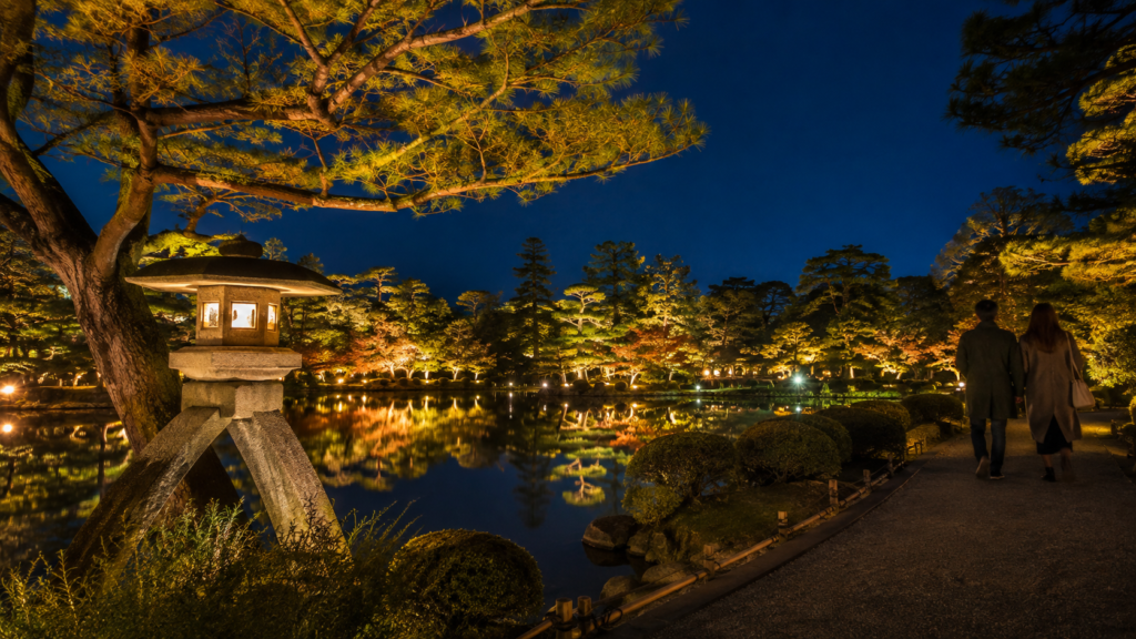 兼六園「秋の段」2026の紅葉ライトアップを表現した記事専用のAI生成イラスト