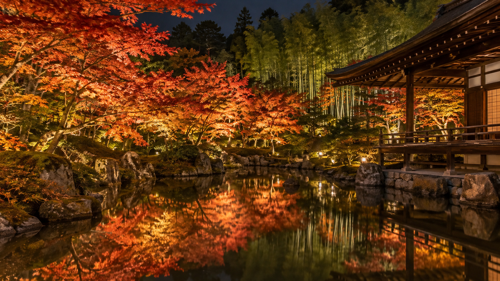 高台寺の紅葉と池への映り込みをイメージした夜景