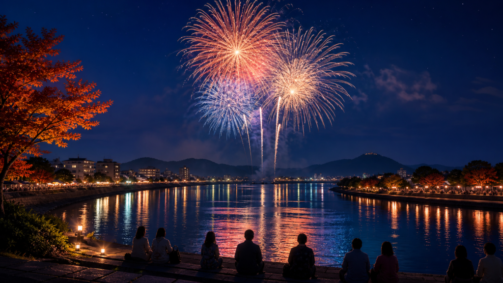唐津の松浦川上空に秋の花火が広がる夜のイラスト
