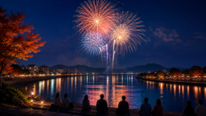 唐津の松浦川上空に秋の花火が広がる夜のイラスト