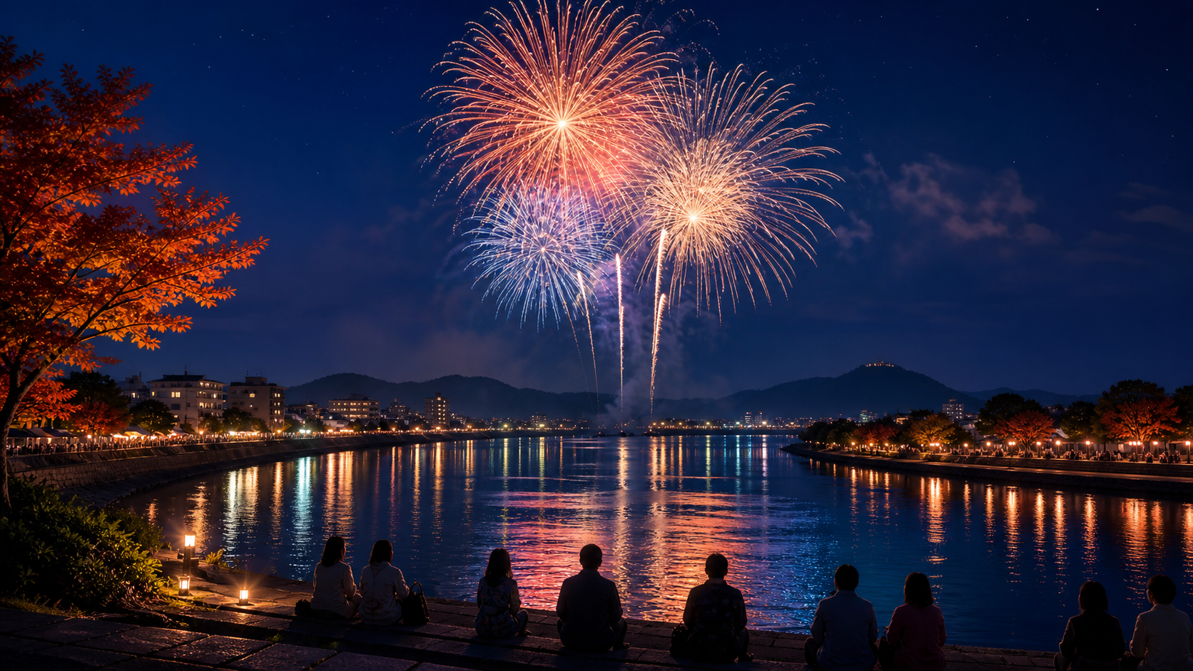 唐津の松浦川上空に秋の花火が広がる夜のイラスト