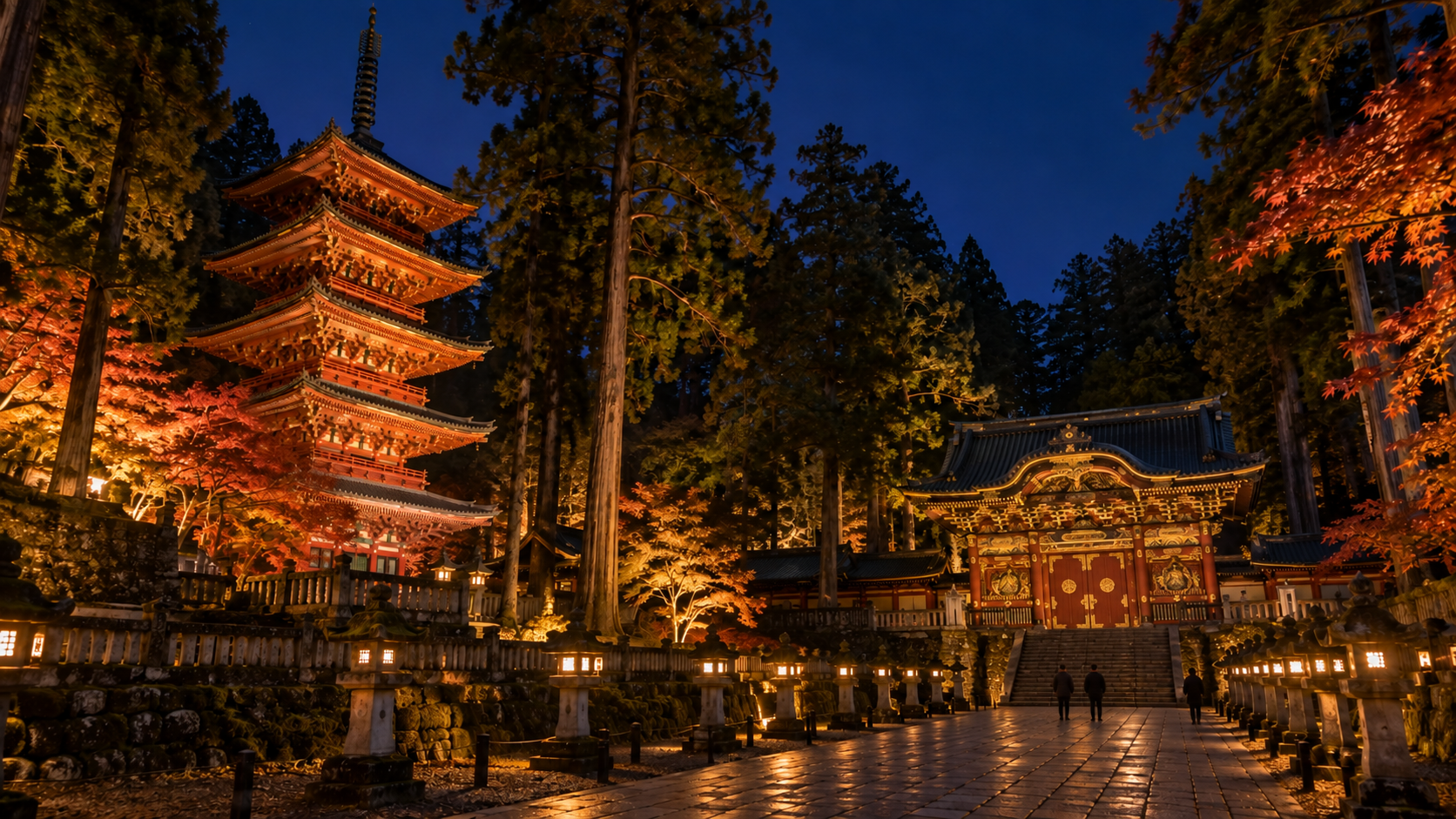 夜に照らされた日光の五重塔と閉門後の社寺をイメージした景色