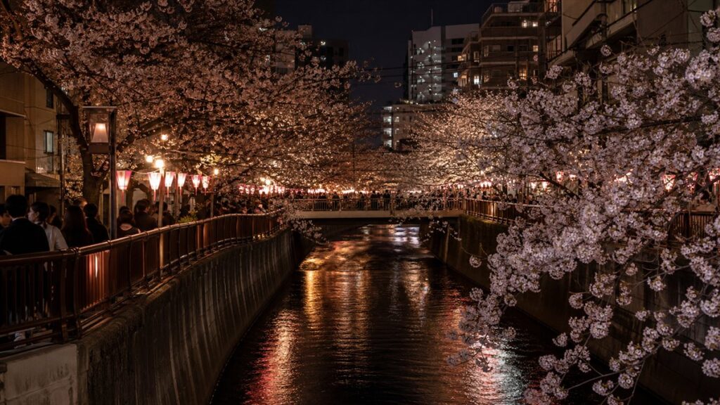 目黒川の桜・ぼんぼり・夜の人流を実在景観に寄せて表現したAI生成の編集用画像
