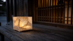 美濃和紙あかりアート展の灯りが並ぶ町並みを表現したAI生成イメージ