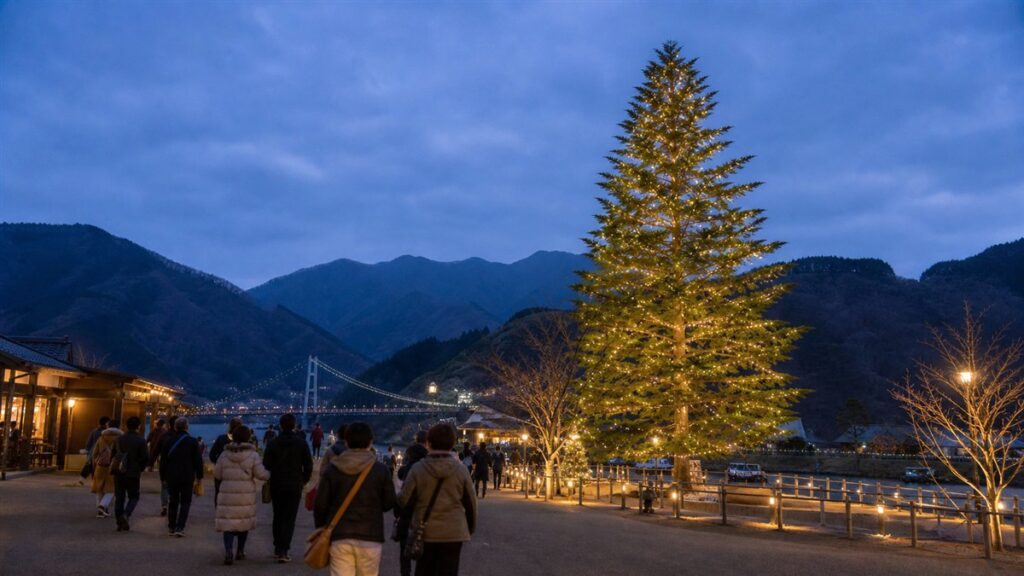 宮ヶ瀬湖畔の大きなモミの木・山並み・吊り橋を表現したAI生成の編集用画像