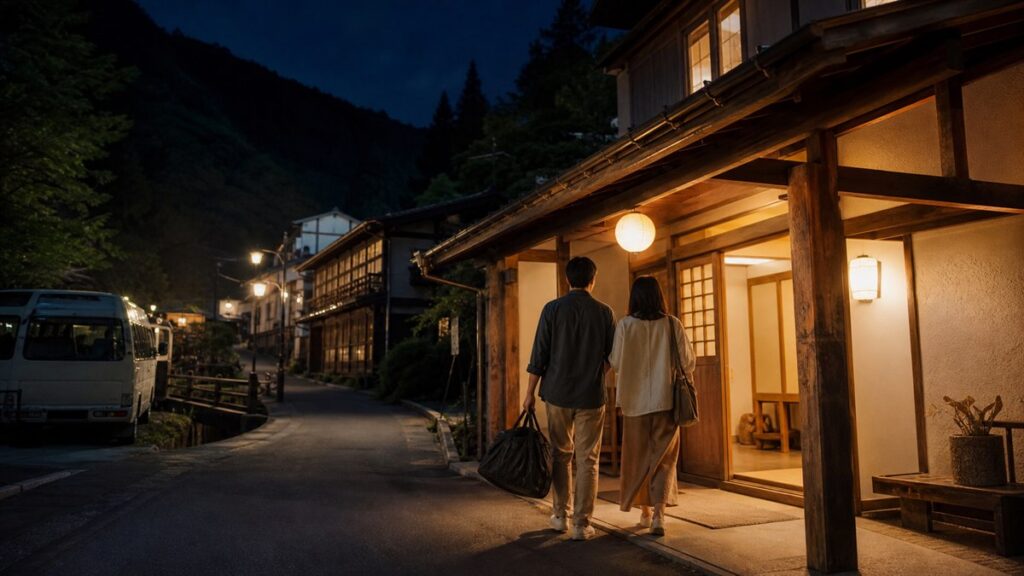 花火終了後に老神温泉の木造旅館へ到着する旅行者を表現したAI生成の編集用画像